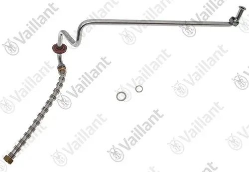 Vaillant Gasrohr mit gebogenem Ende. Enthält Dichtungen und einen Verbindungsabschnitt. Geeignet für Gasinstallationen.